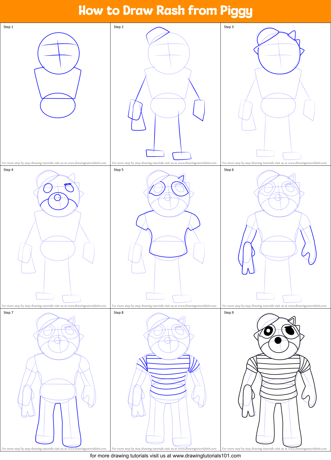 How to Draw Rash from Piggy Printable Step by Step