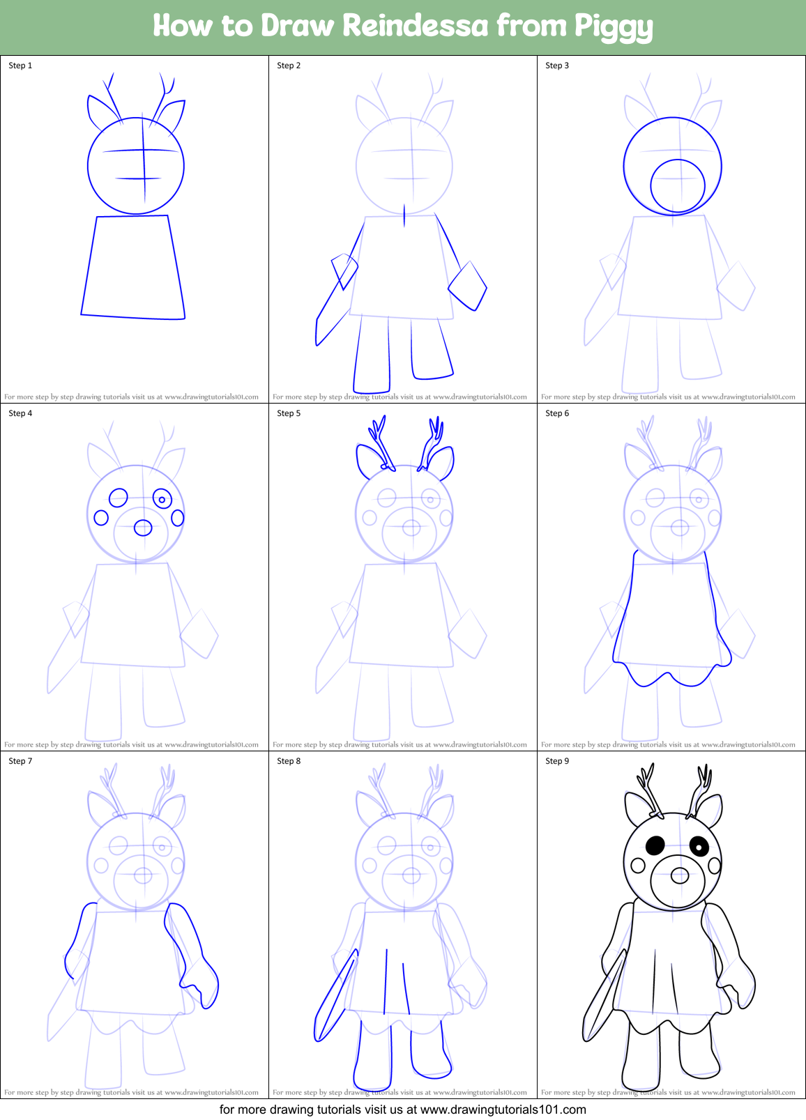 How to Draw Reindessa from Piggy Printable Step by Step
