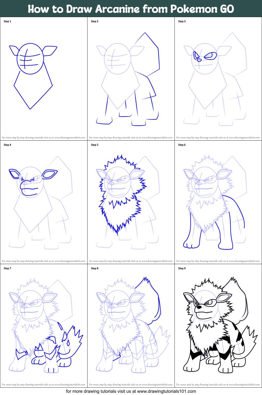 How to Draw Arcanine from Pokemon GO Printable Step by Step