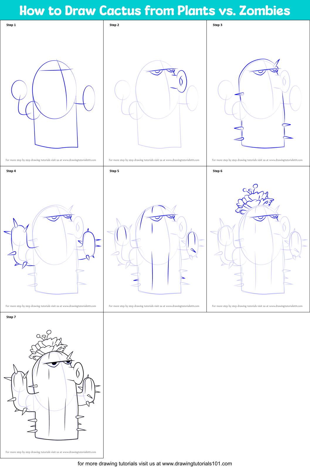 How to Draw Cactus from Plants vs. Zombies Printable Step by Step