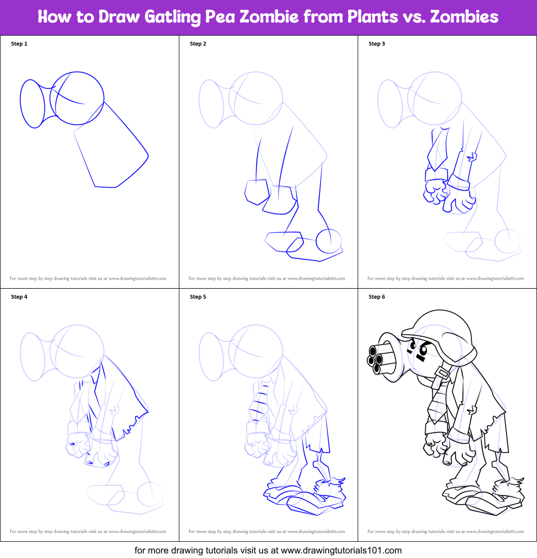 How to Draw Gatling Pea Zombie from Plants vs. Zombies Printable Step by Step