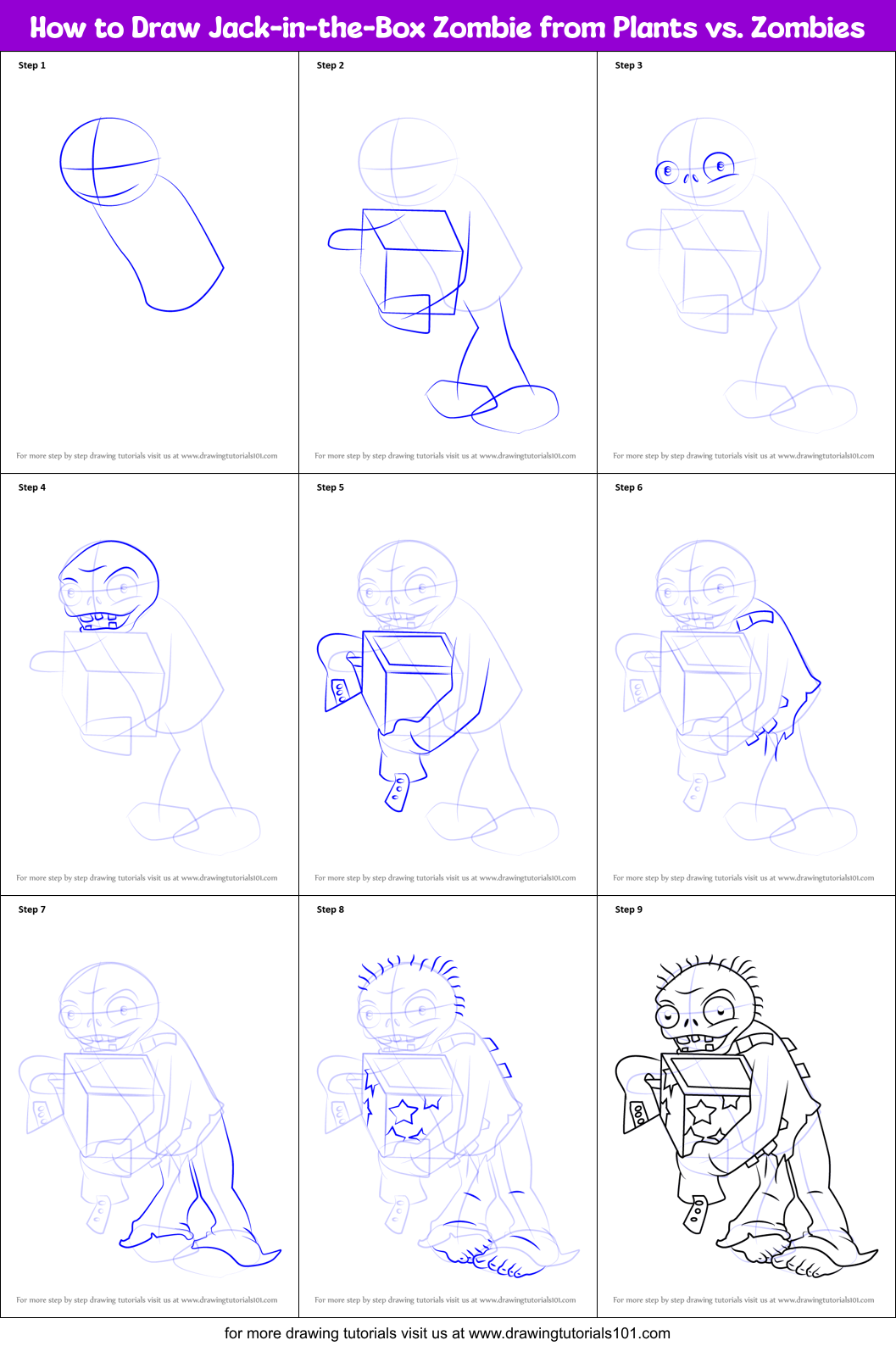 How to Draw Jack-in-the-Box Zombie from Plants vs. Zombies Printable Step by Step
