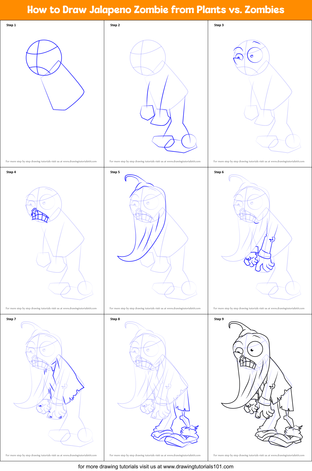 How to Draw Jalapeno Zombie from Plants vs. Zombies Printable Step by Step