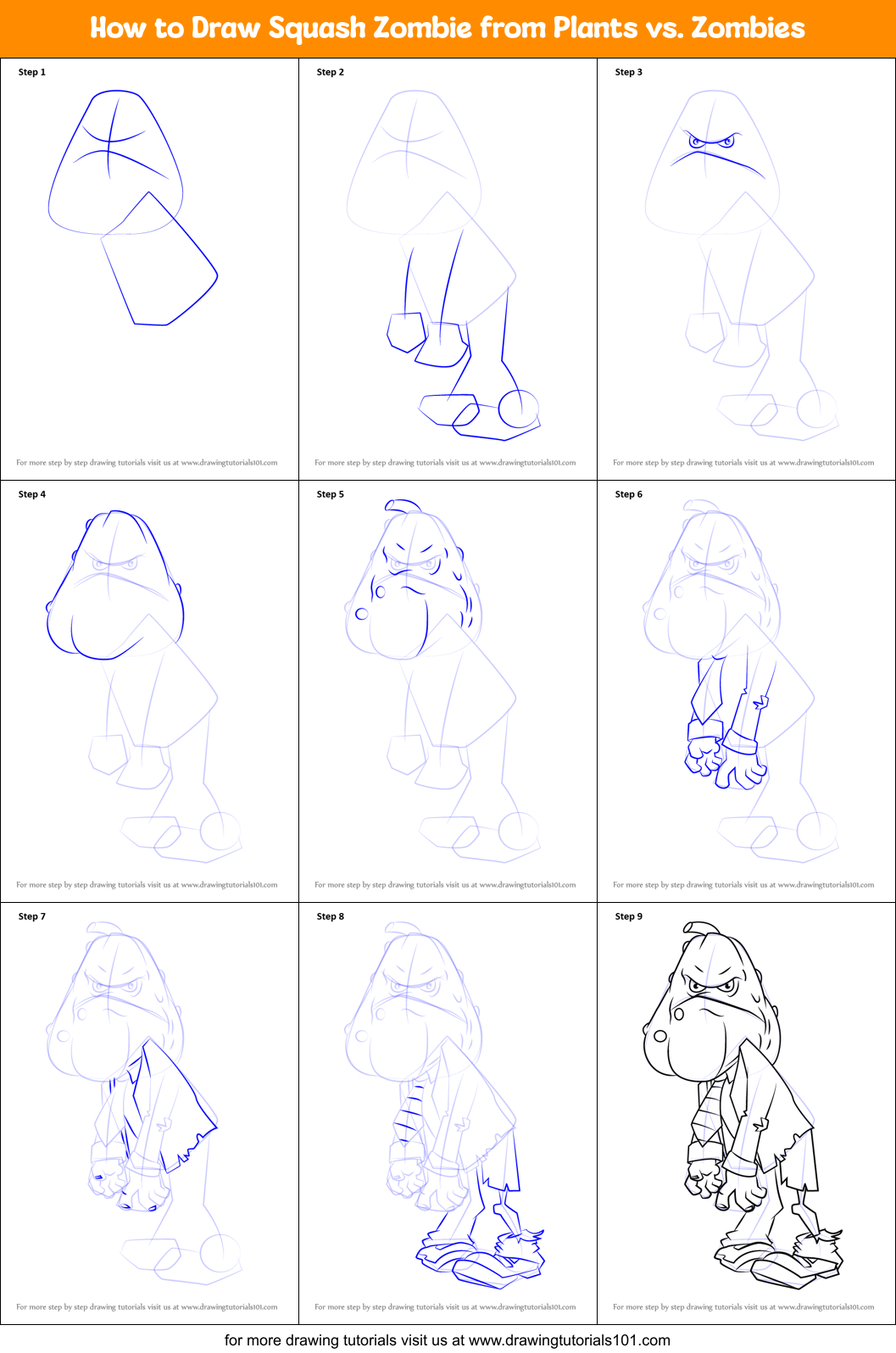How to Draw Squash Zombie from Plants vs. Zombies Printable Step by Step