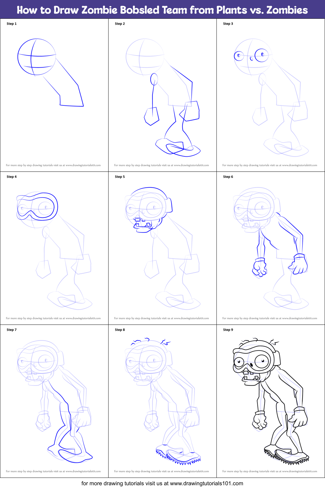 How to Draw Zombie Bobsled Team from Plants vs. Zombies Printable Step by Step
