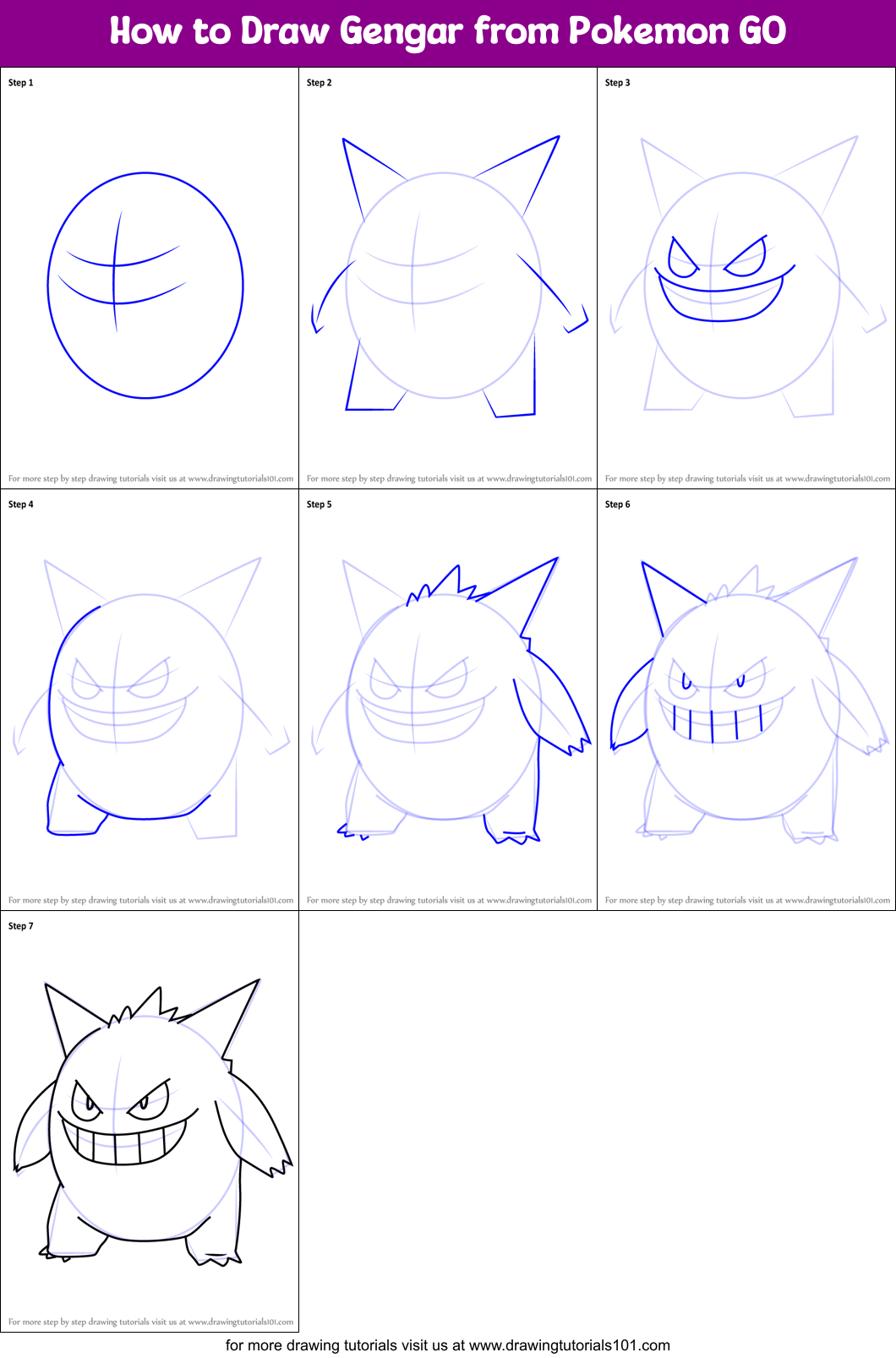 How to Draw Gengar from Pokemon GO printable step by step drawing sheet