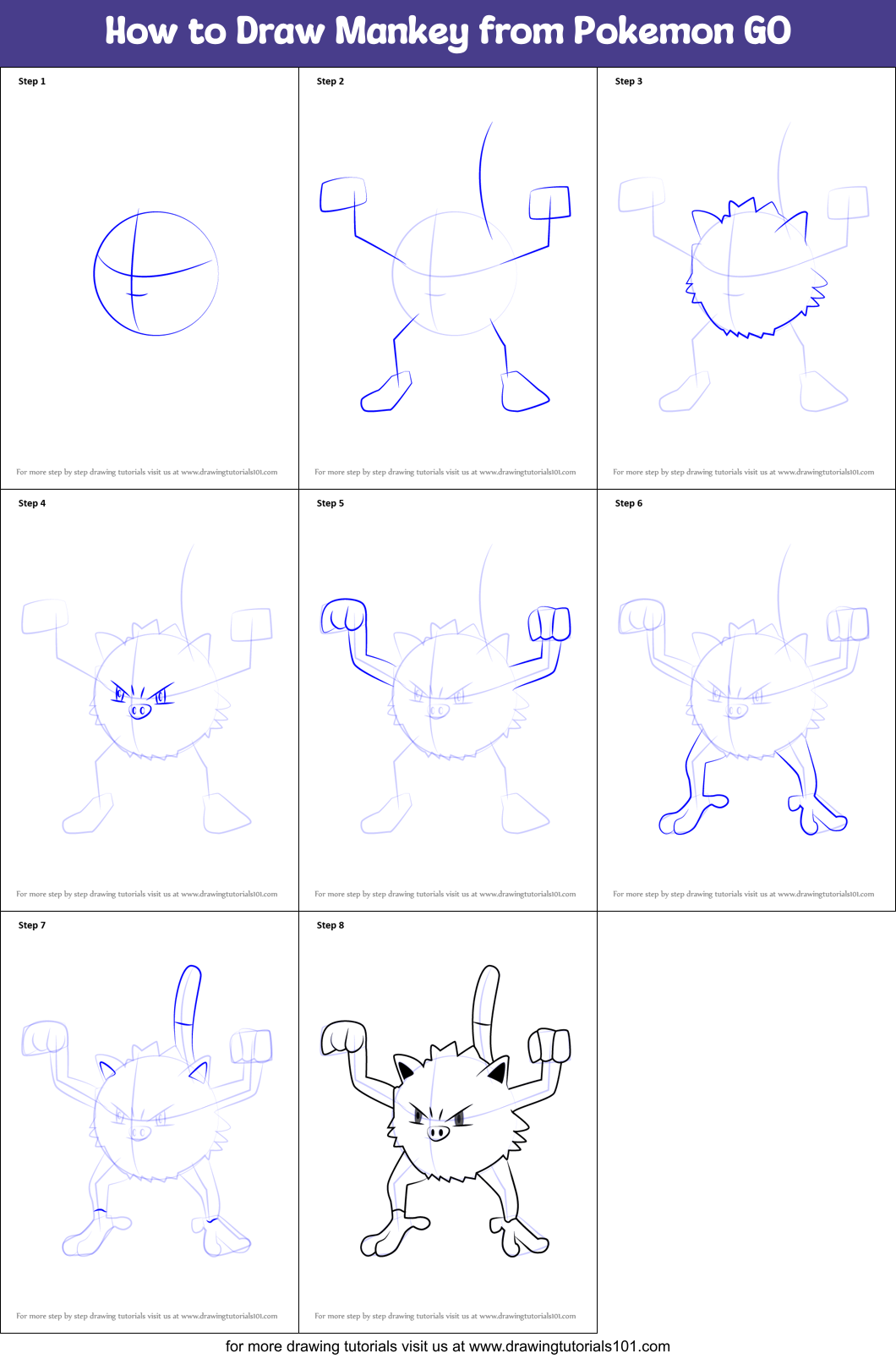 How to Draw Mankey from Pokemon GO Printable Step by Step