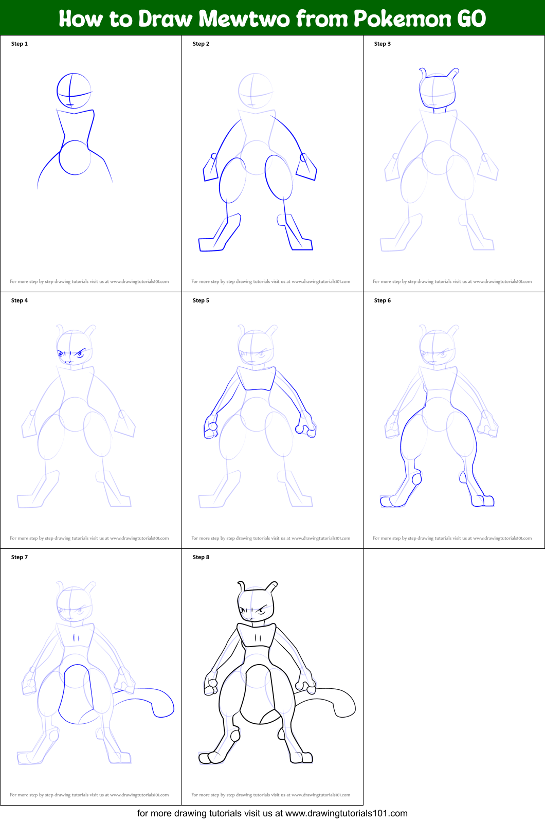 How to Draw Mewtwo from Pokemon GO Printable Step by Step