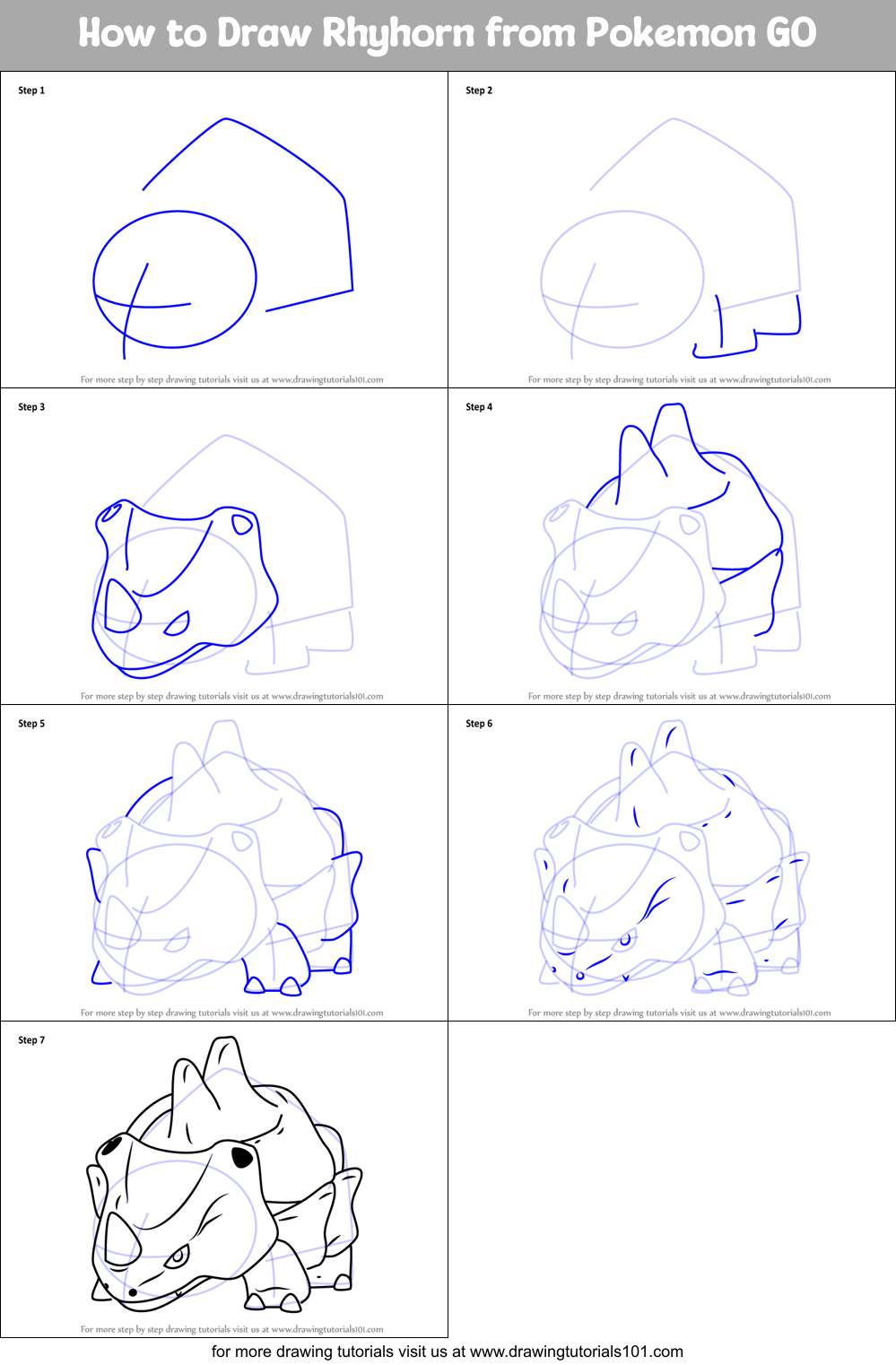 How to Draw Rhyhorn from Pokemon GO Printable Step by Step