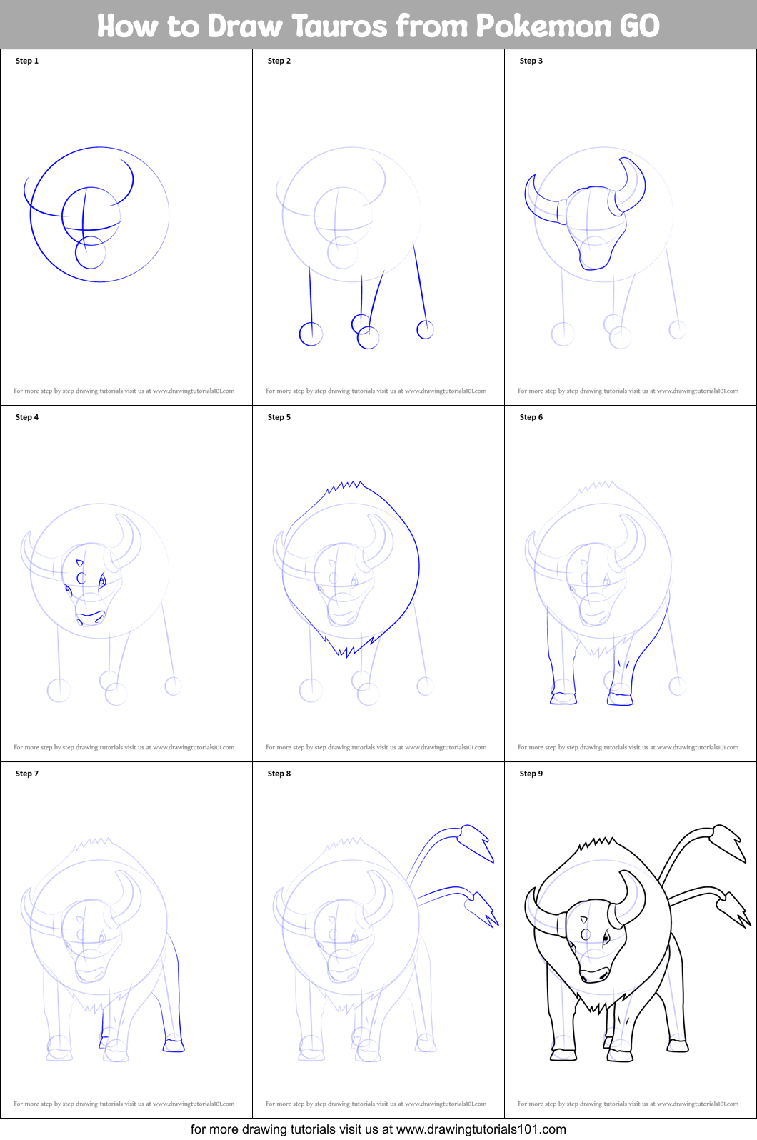 How to Draw Tauros from Pokemon GO Printable Step by Step