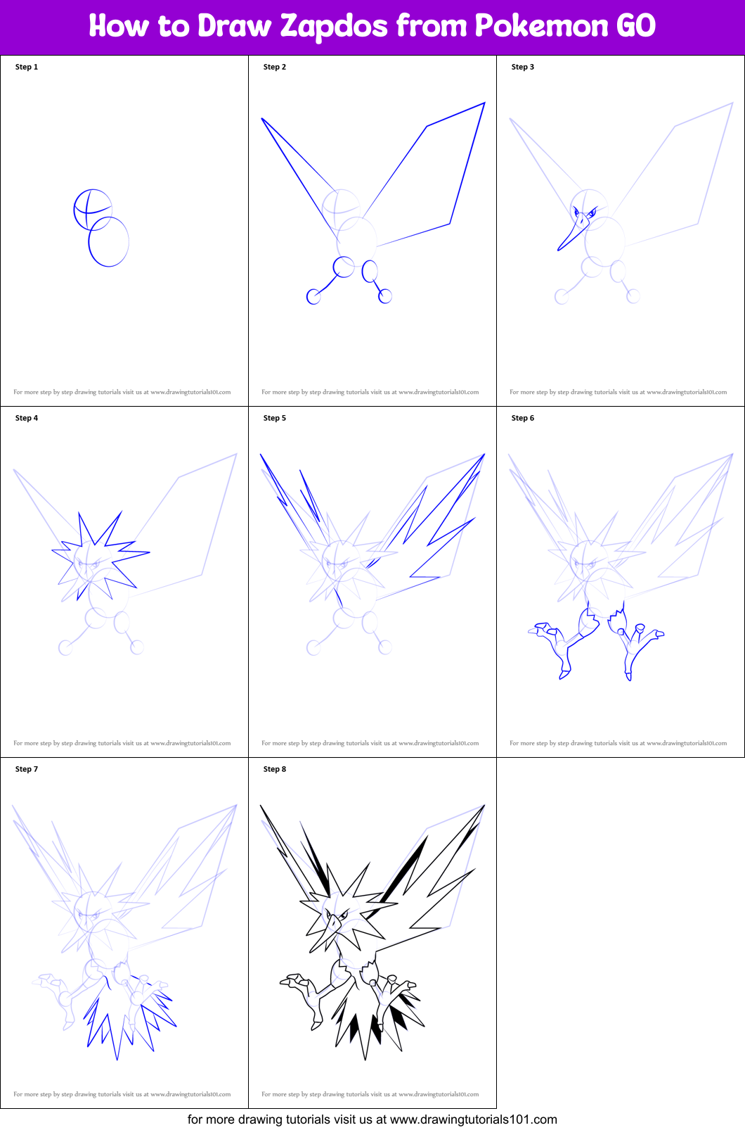 Troende En skønne dag spansk How to Draw Zapdos from Pokemon GO printable step by step drawing sheet :  DrawingTutorials101.com