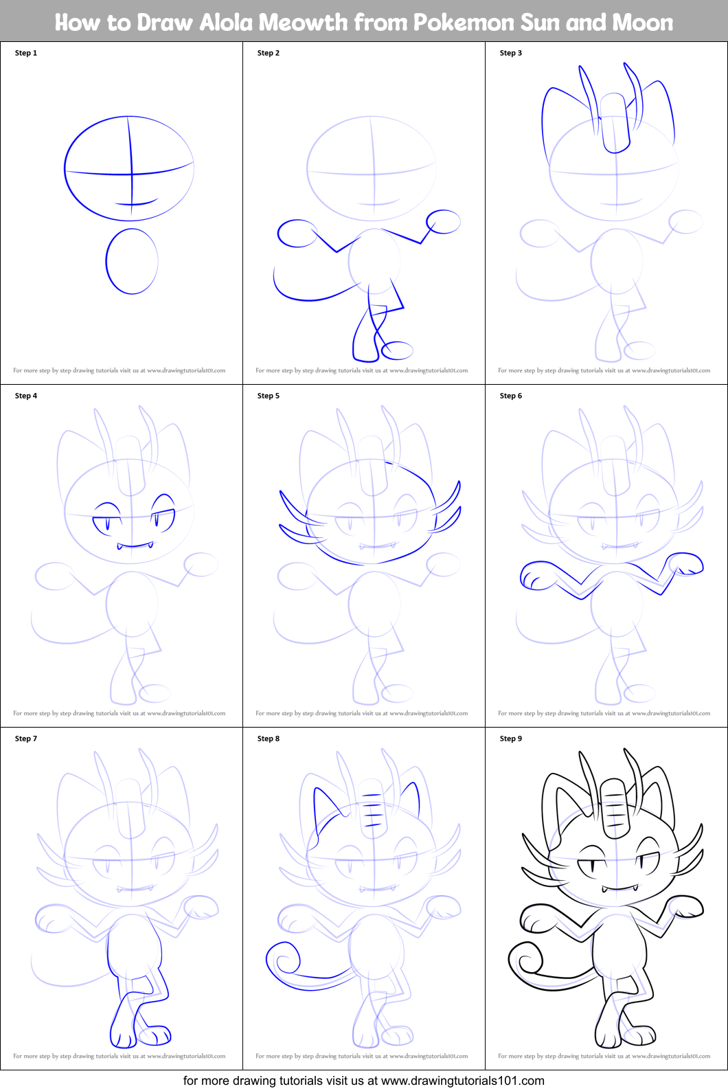 How to Draw Alola Meowth from Pokemon Sun and Moon Printable Step by Step