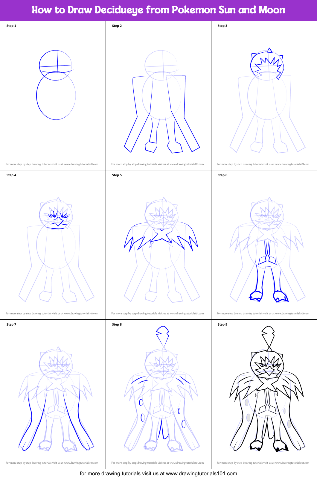How to Draw Decidueye from Pokemon Sun and Moon Printable Step by Step