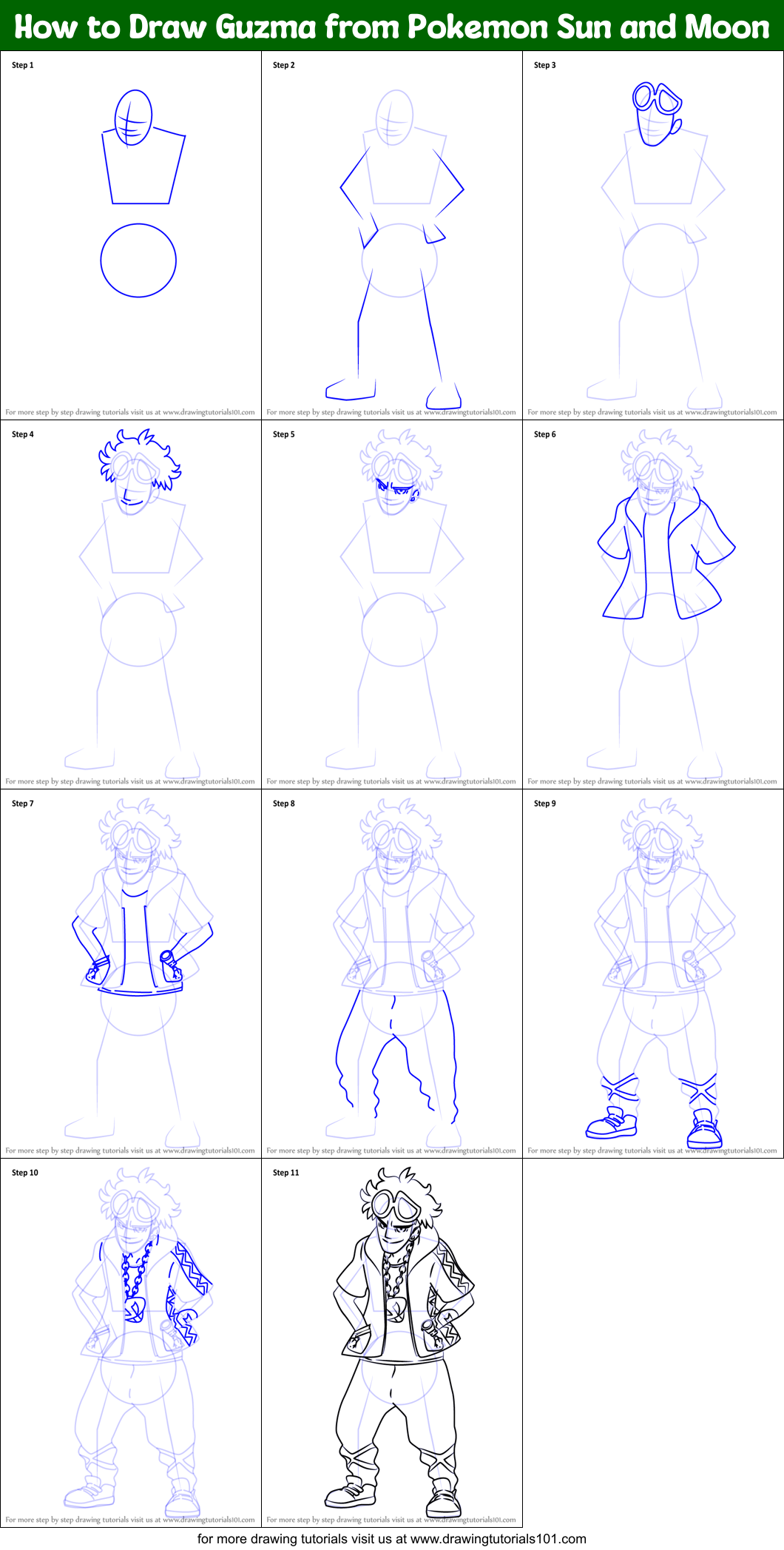 How to Draw Guzma from Pokemon Sun and Moon Printable Step by Step