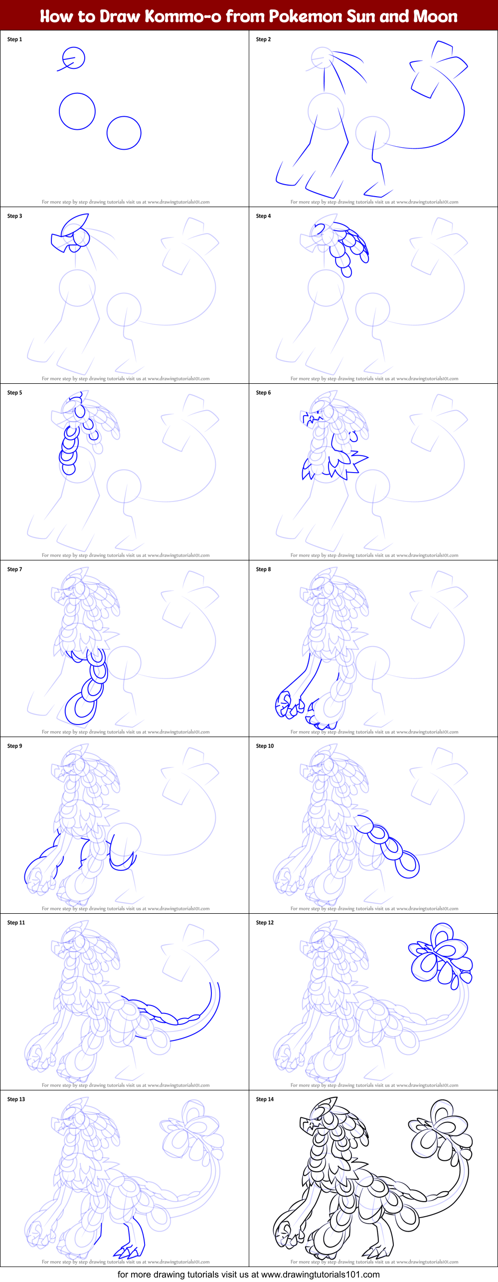 How to Draw Kommo-o from Pokemon Sun and Moon Printable Step by Step