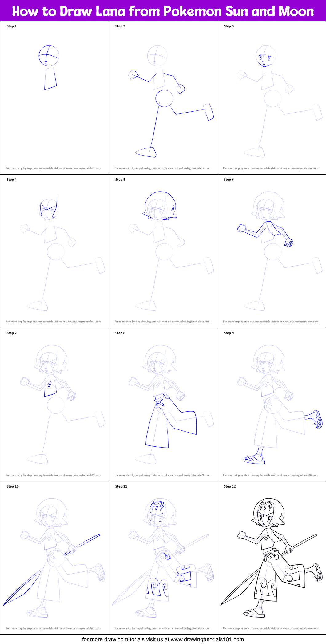 How to Draw Lana from Pokemon Sun and Moon Printable Step by Step