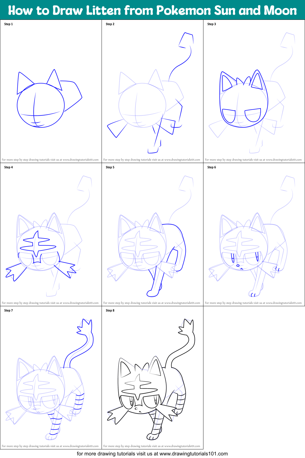 How to Draw Litten from Pokemon Sun and Moon printable step by step