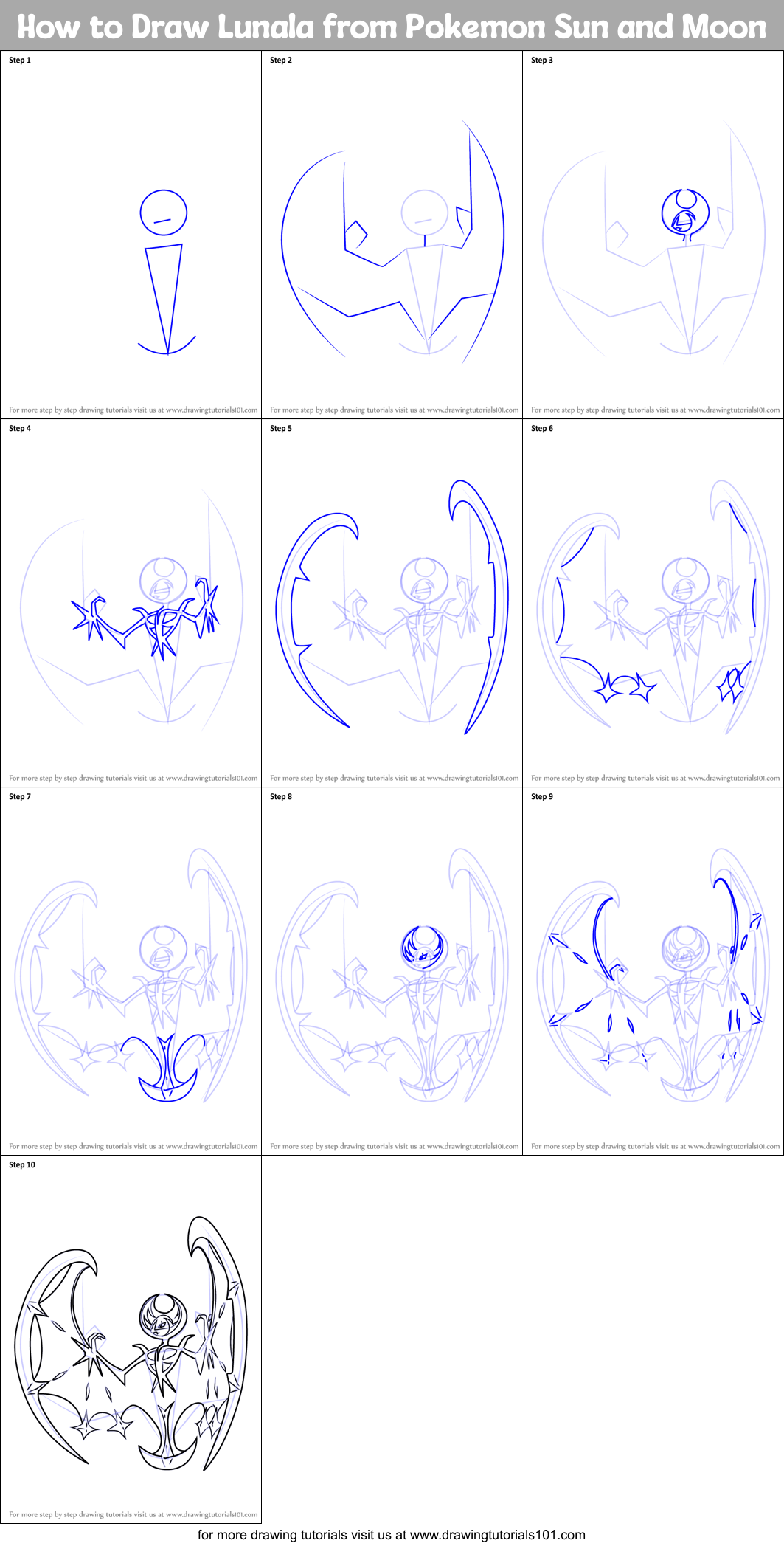 How to Draw Lunala from Pokemon Sun and Moon Printable Step by Step