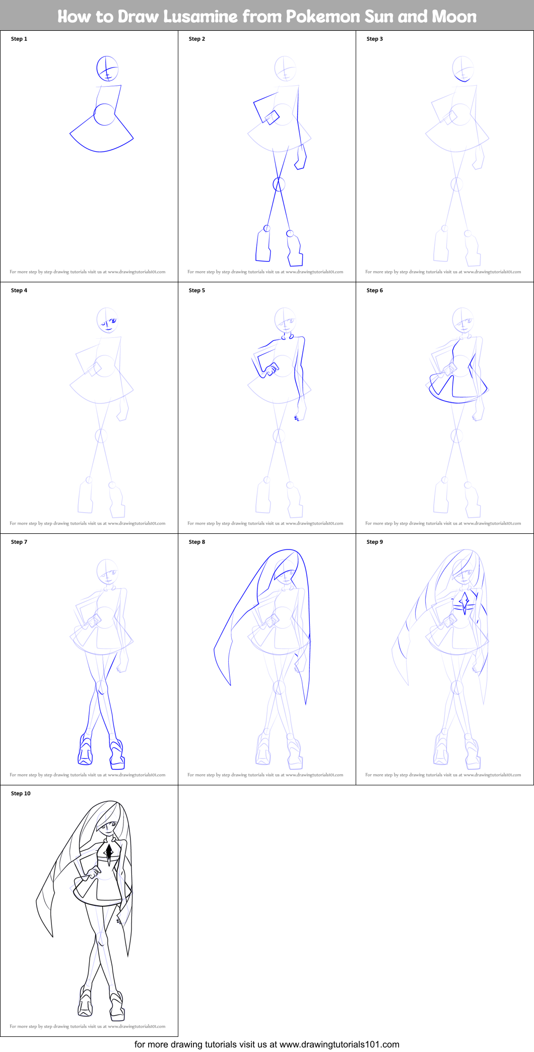 How to Draw Lusamine from Pokemon Sun and Moon Printable Step by Step