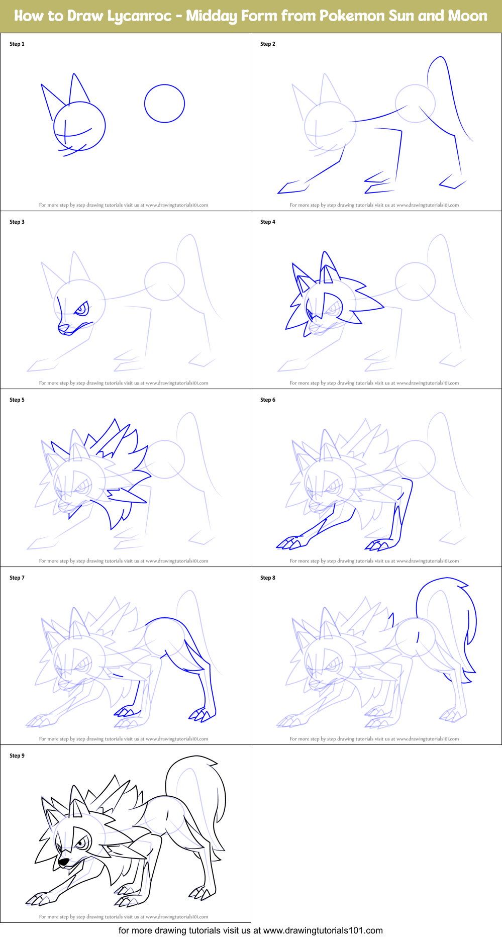 How to Draw Lycanroc - Midday Form from Pokemon Sun and Moon Printable Step by Step