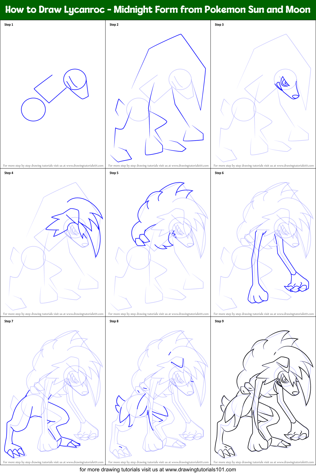How to Draw Lycanroc - Midnight Form from Pokemon Sun and Moon Printable Step by Step