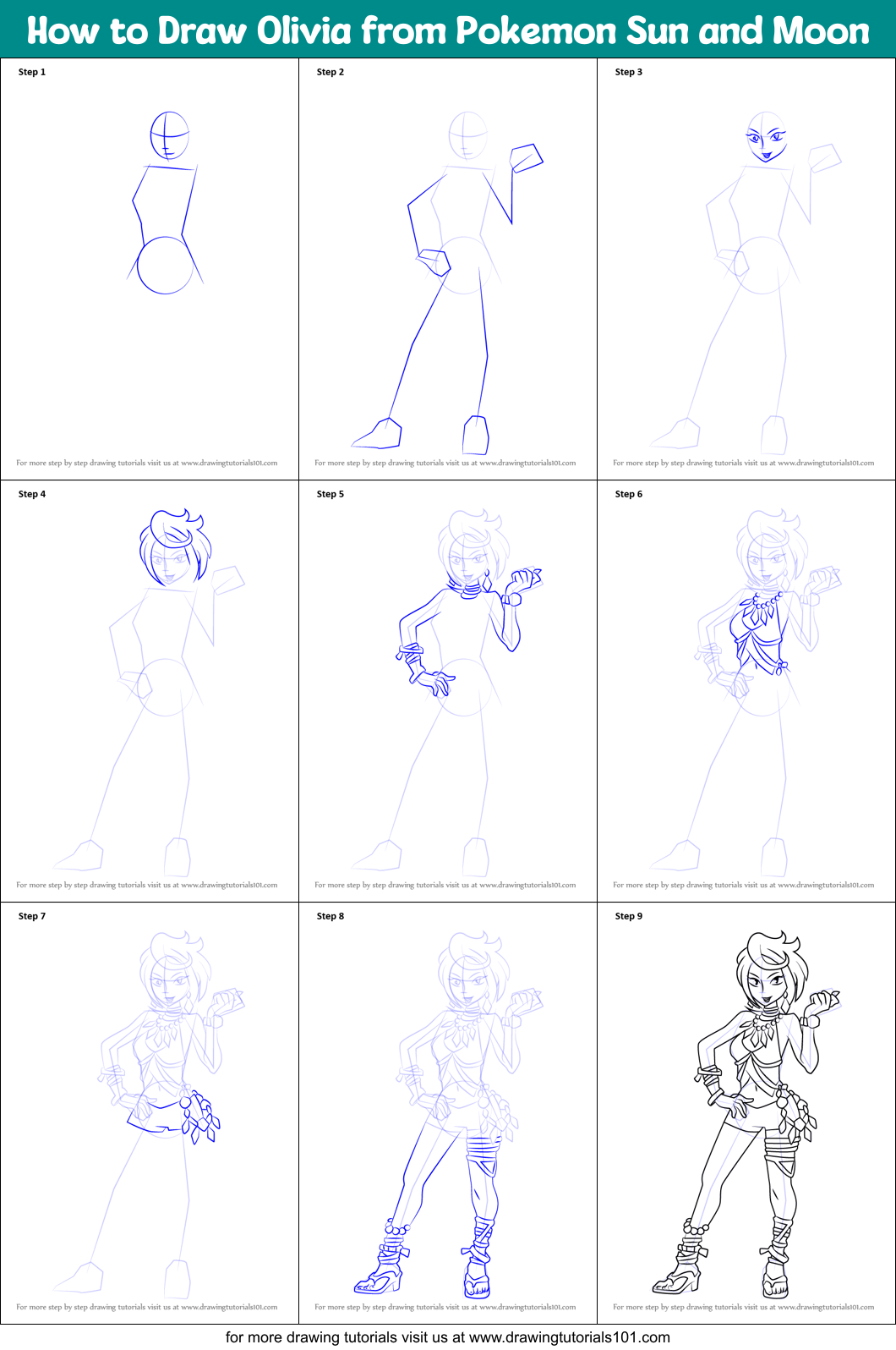How to Draw Olivia from Pokemon Sun and Moon Printable Step by Step