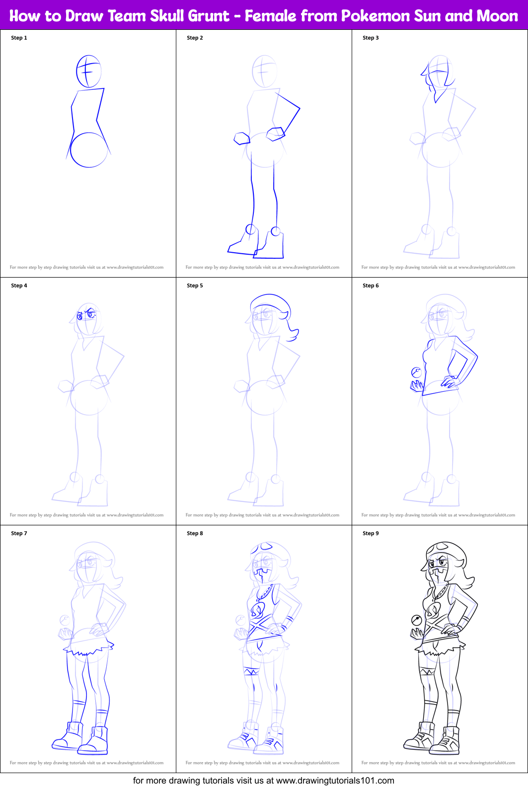 How to Draw Team Skull Grunt - Female from Pokemon Sun and Moon Printable Step by Step
