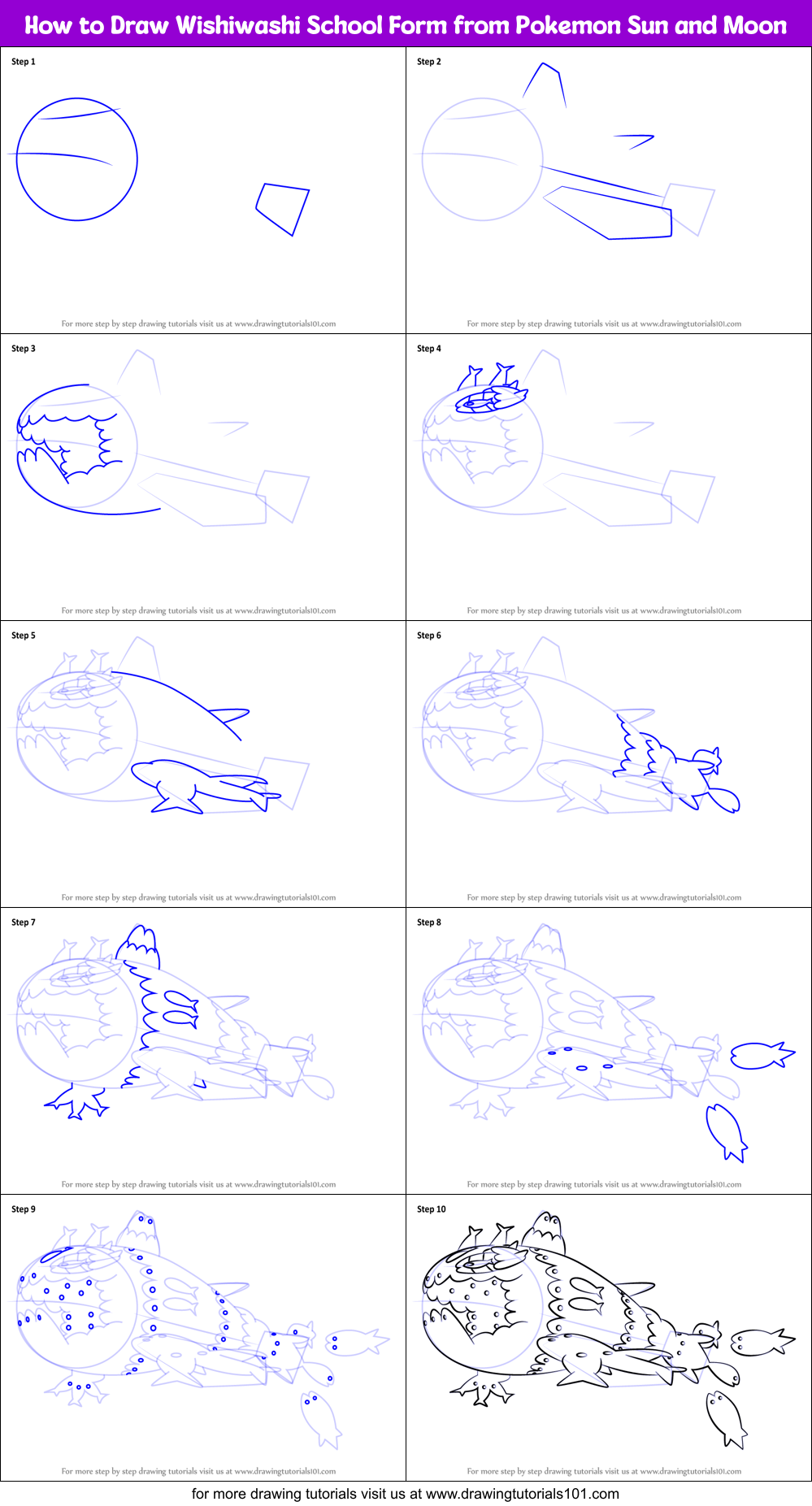 How to Draw Wishiwashi School Form from Pokemon Sun and Moon Printable Step by Step