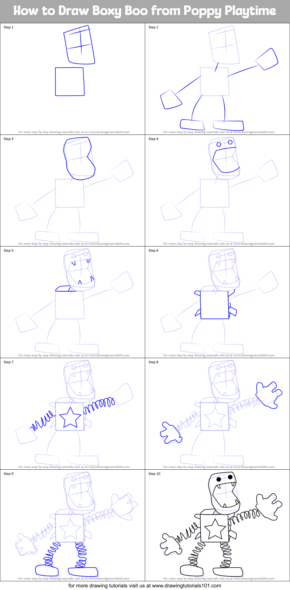 How to Draw Boxy Boo from Poppy Playtime Printable Step by Step