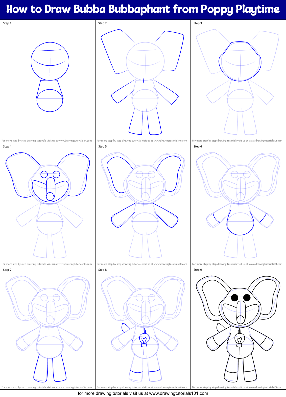 How to Draw Bubba Bubbaphant from Poppy Playtime Printable Step by Step