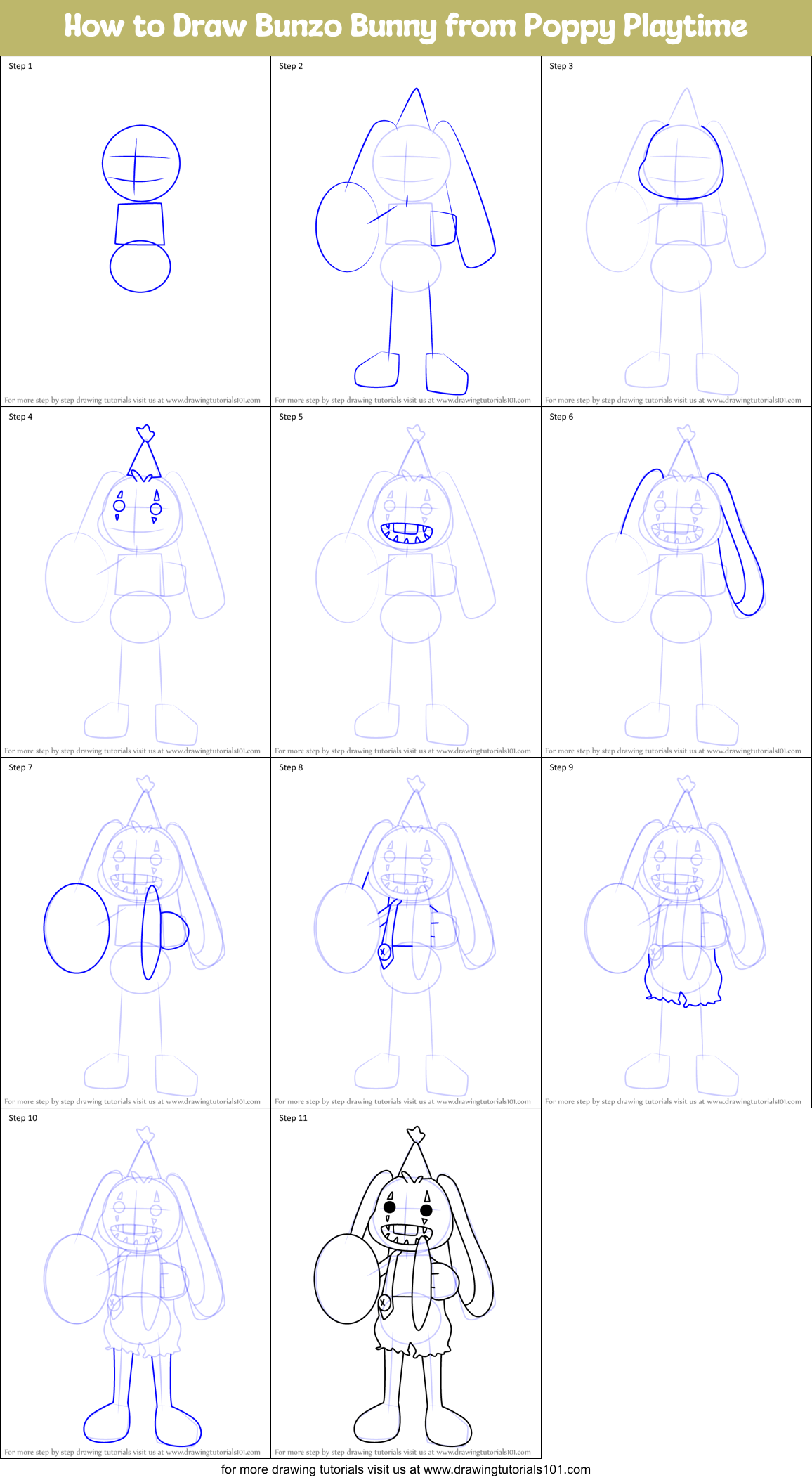 How to Draw Bunzo Bunny from Poppy Playtime Printable Step by Step