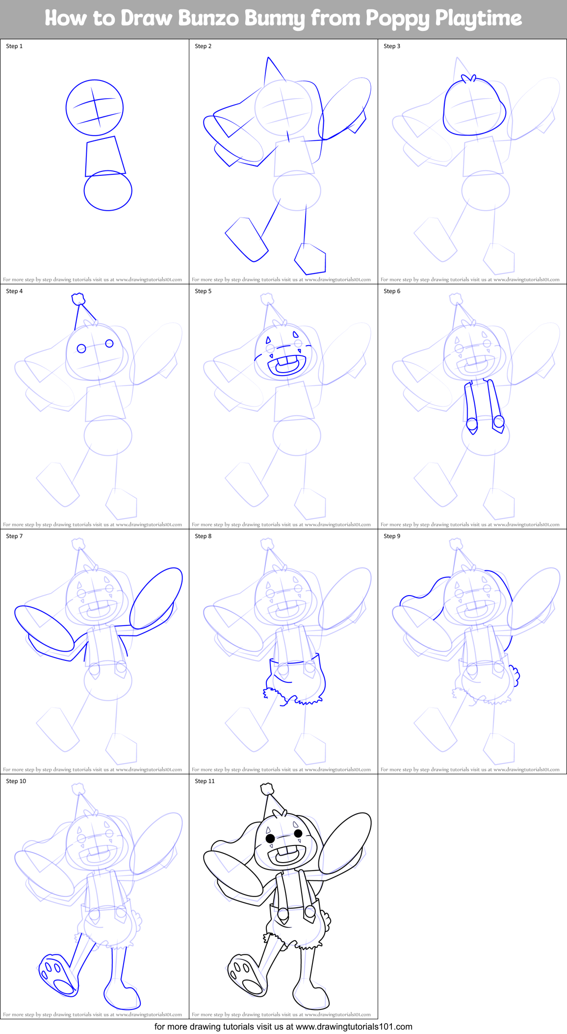 How to Draw Bunzo Bunny from Poppy Playtime Printable Step by Step