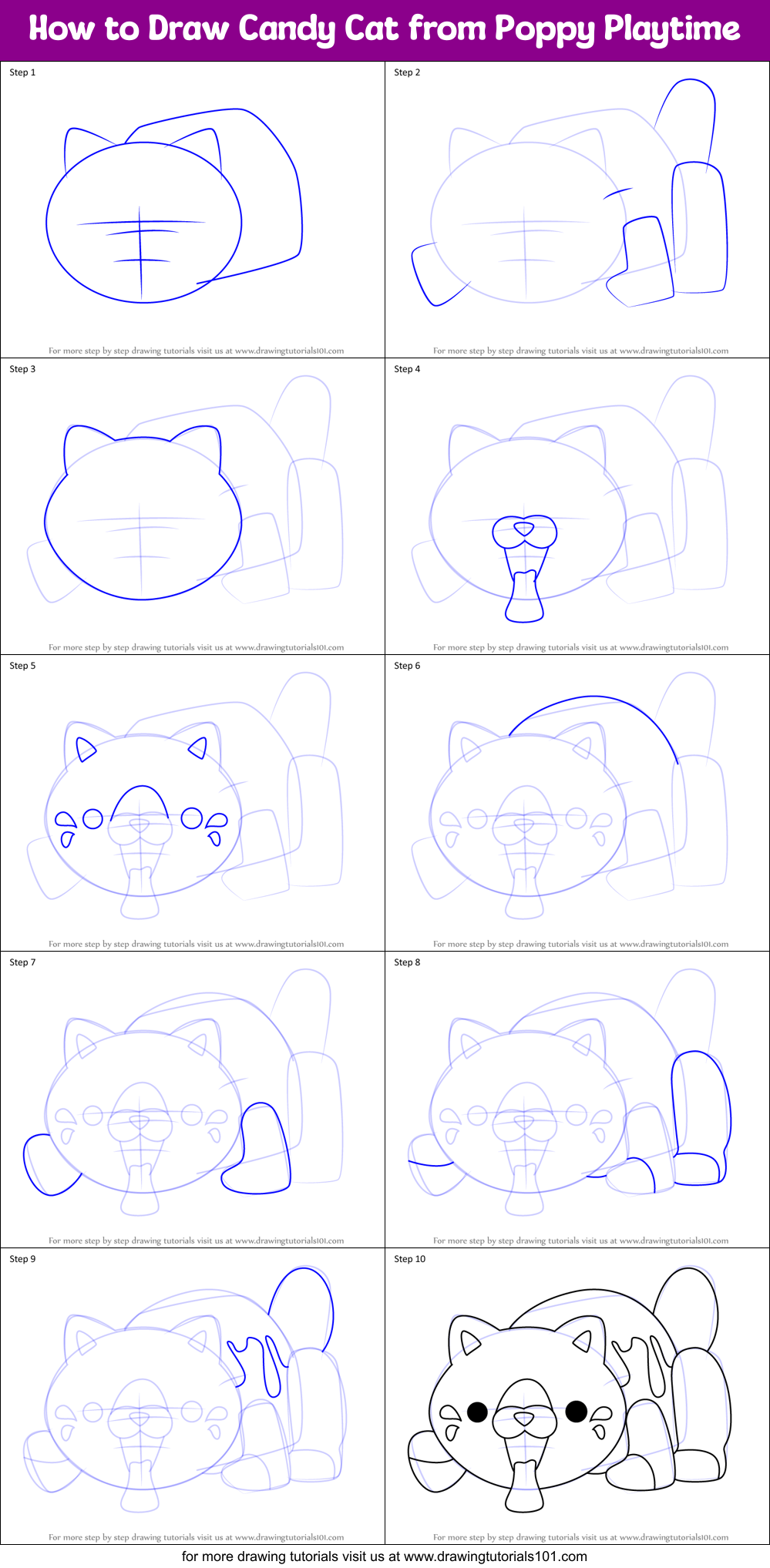How to Draw Candy Cat from Poppy Playtime Printable Step by Step