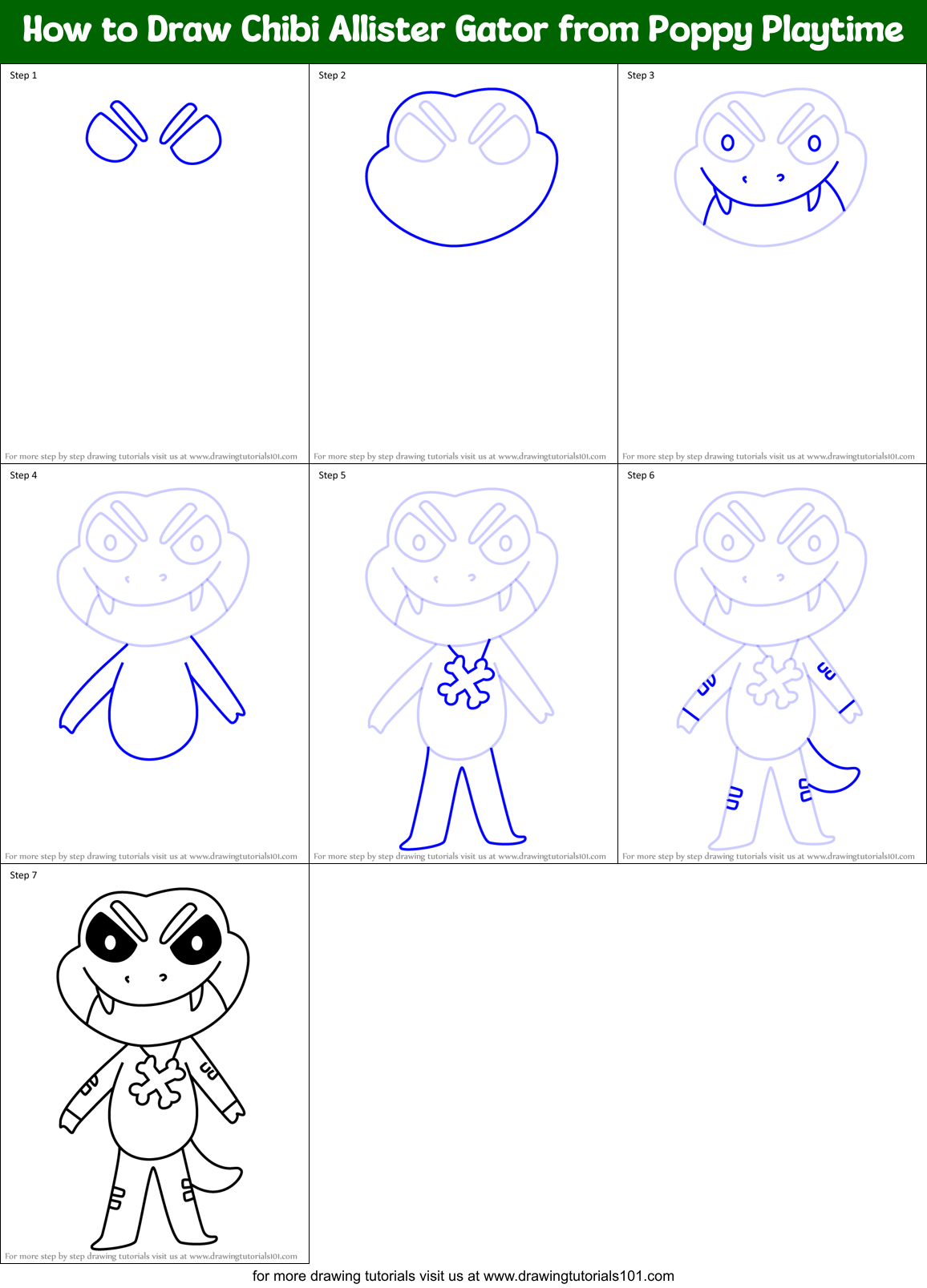 How to Draw Chibi Allister Gator from Poppy Playtime Printable Step by Step