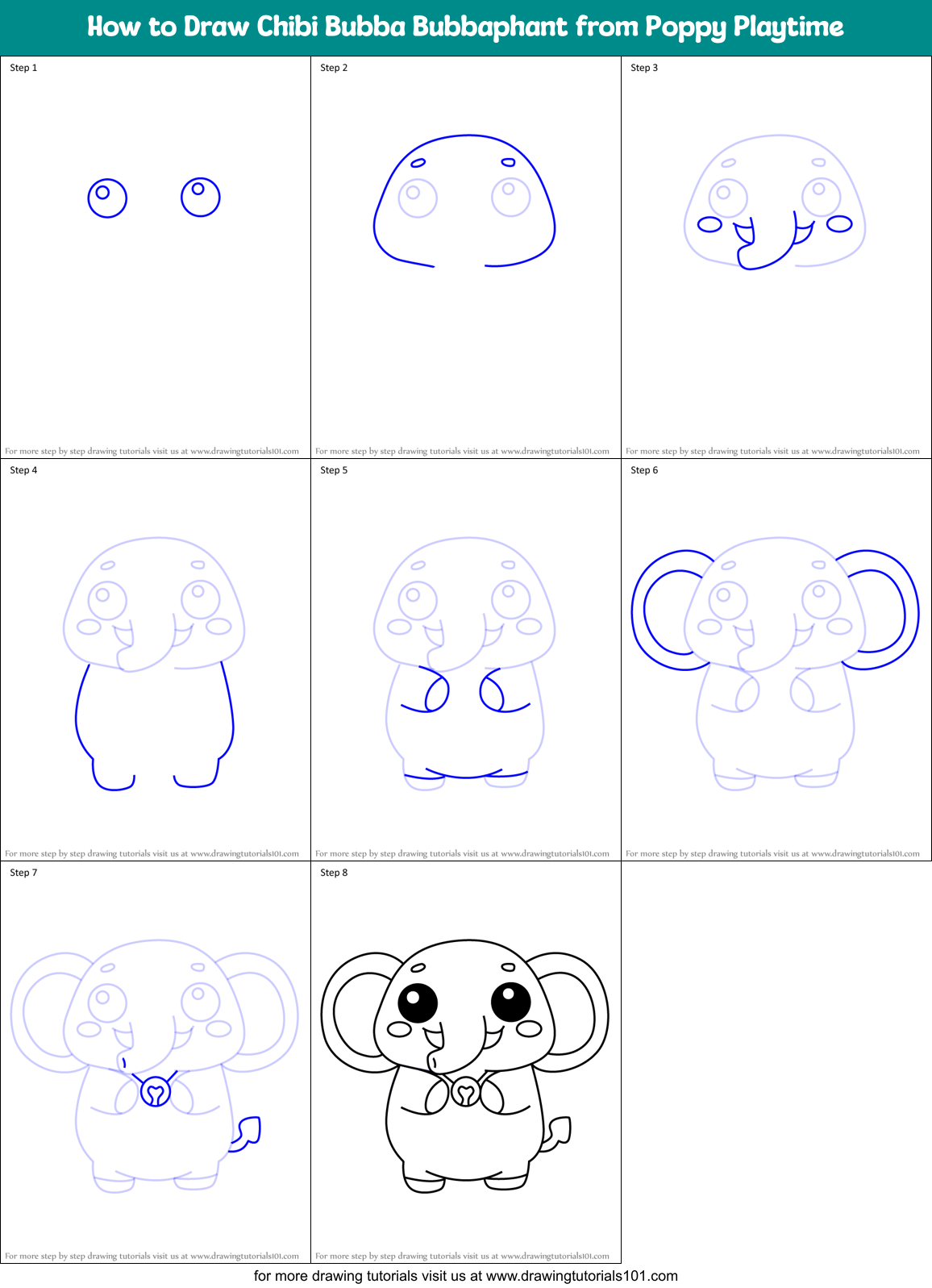 How to Draw Chibi Bubba Bubbaphant from Poppy Playtime Printable Step by Step