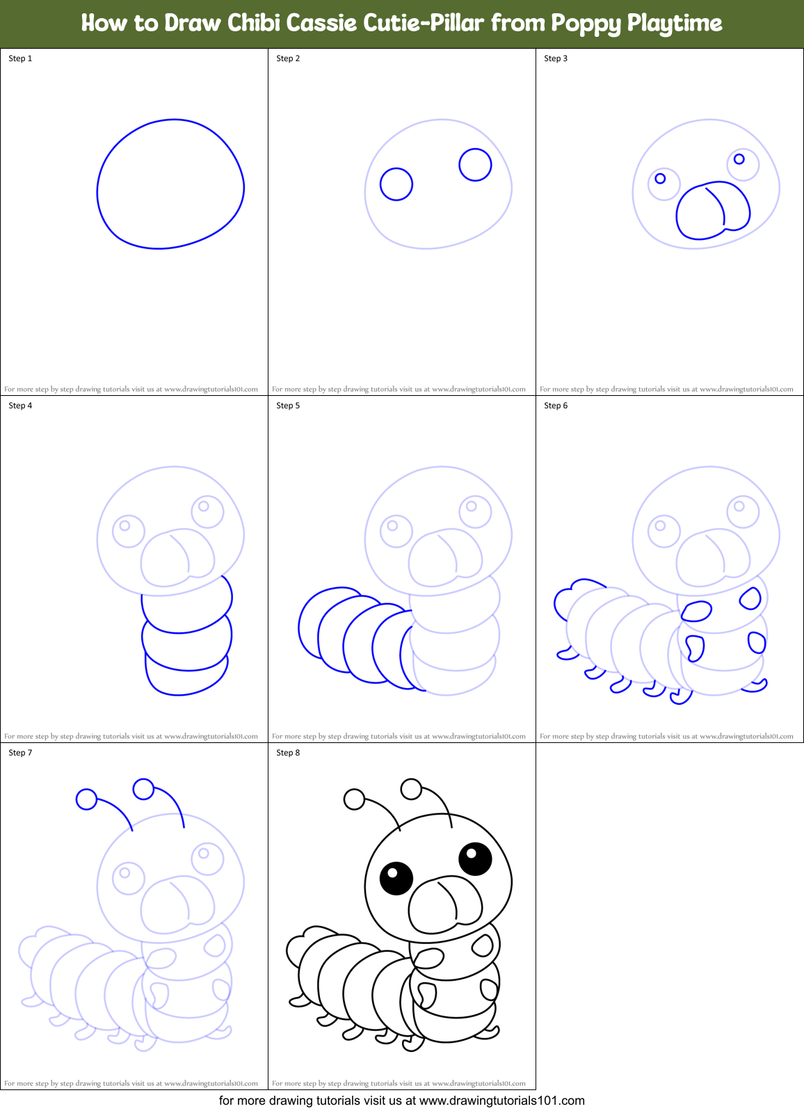 How to Draw Chibi Cassie Cutie-Pillar from Poppy Playtime Printable Step by Step