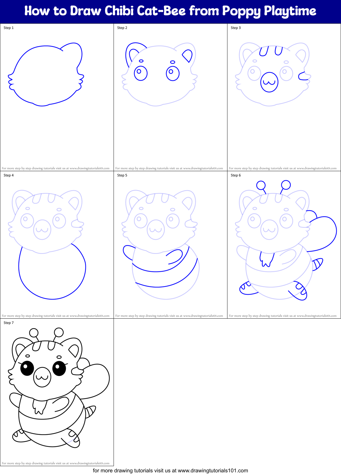 How to Draw Chibi Cat-Bee from Poppy Playtime Printable Step by Step