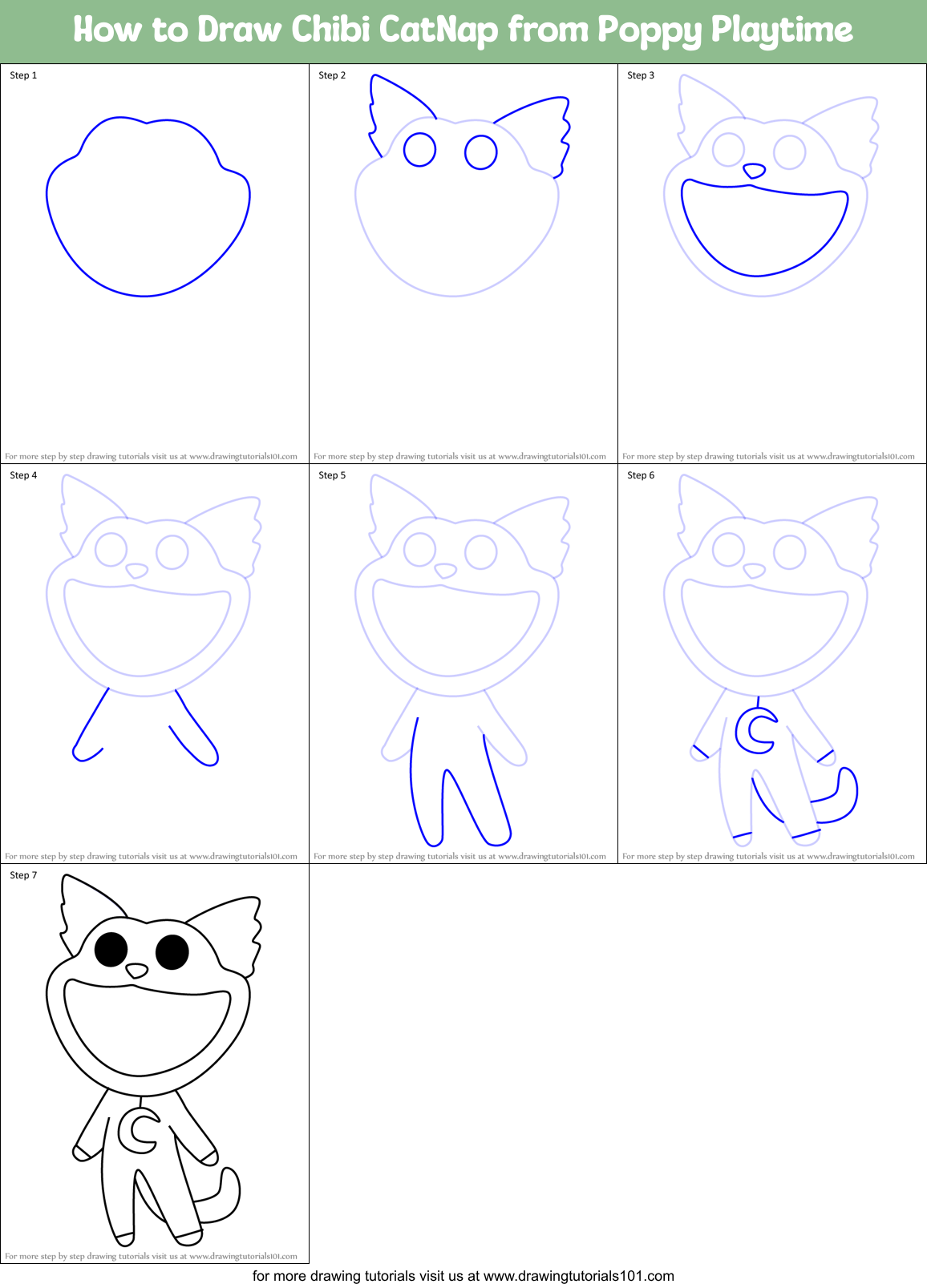 How to Draw Chibi CatNap from Poppy Playtime Printable Step by Step
