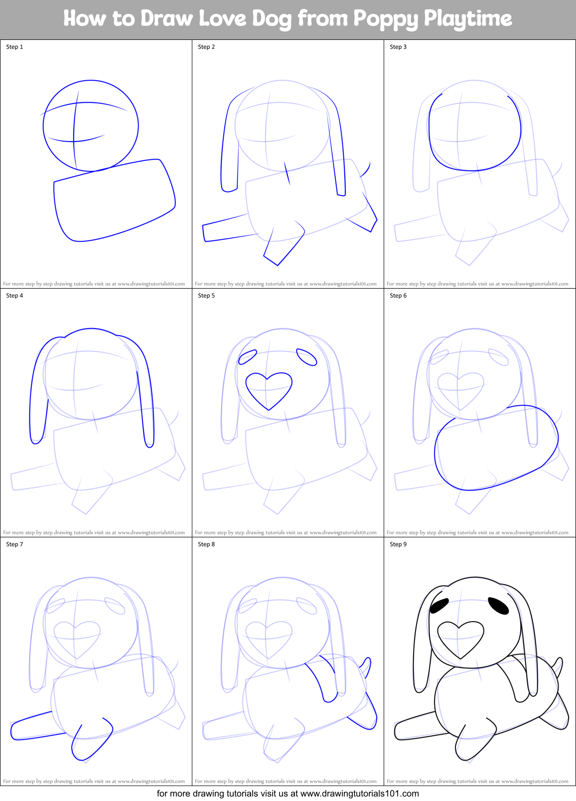 How to Draw Love Dog from Poppy Playtime Printable Step by Step