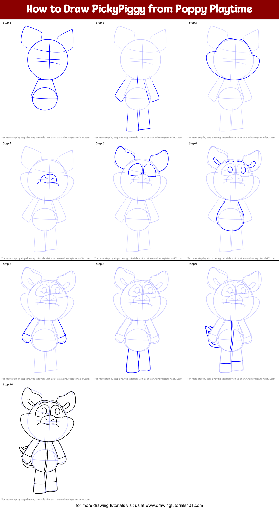 How to Draw PickyPiggy from Poppy Playtime Printable Step by Step