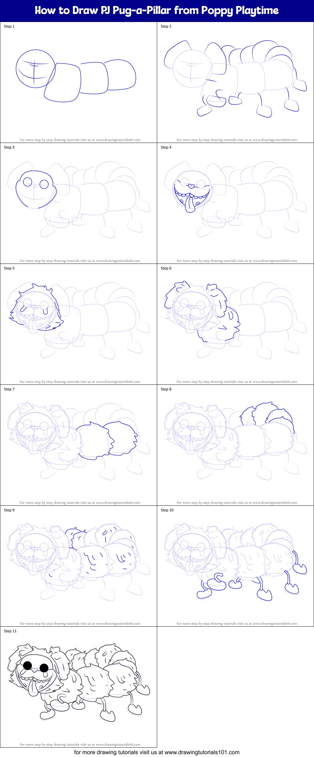 How to Draw PJ Pug-a-Pillar from Poppy Playtime Printable Step by Step