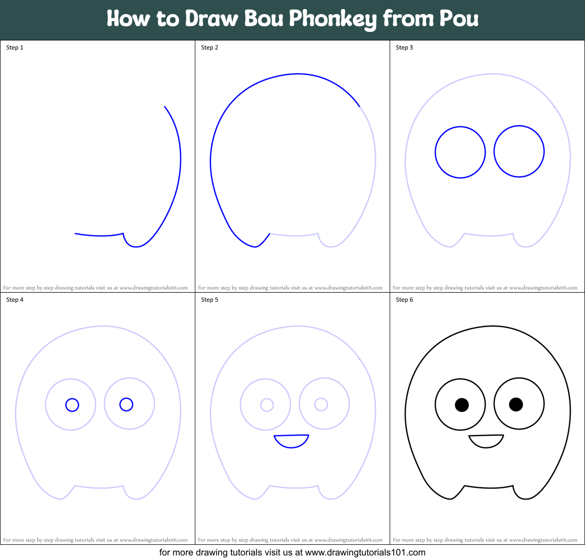 How to Draw Bou Phonkey from Pou Printable Step by Step