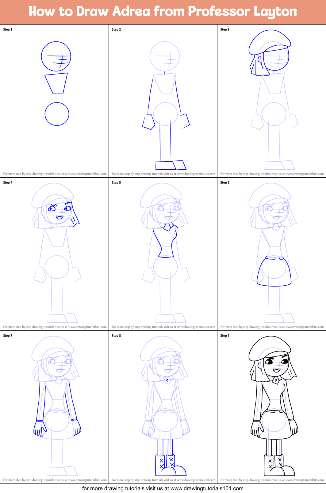 How to Draw Adrea from Professor Layton Printable Step by Step