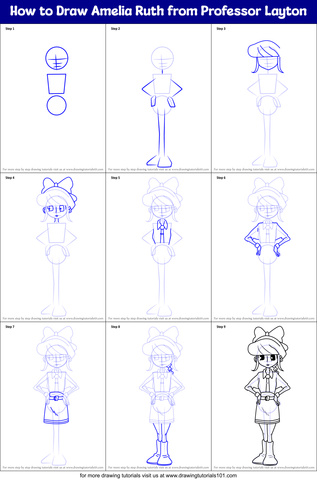 How to Draw Amelia Ruth from Professor Layton Printable Step by Step