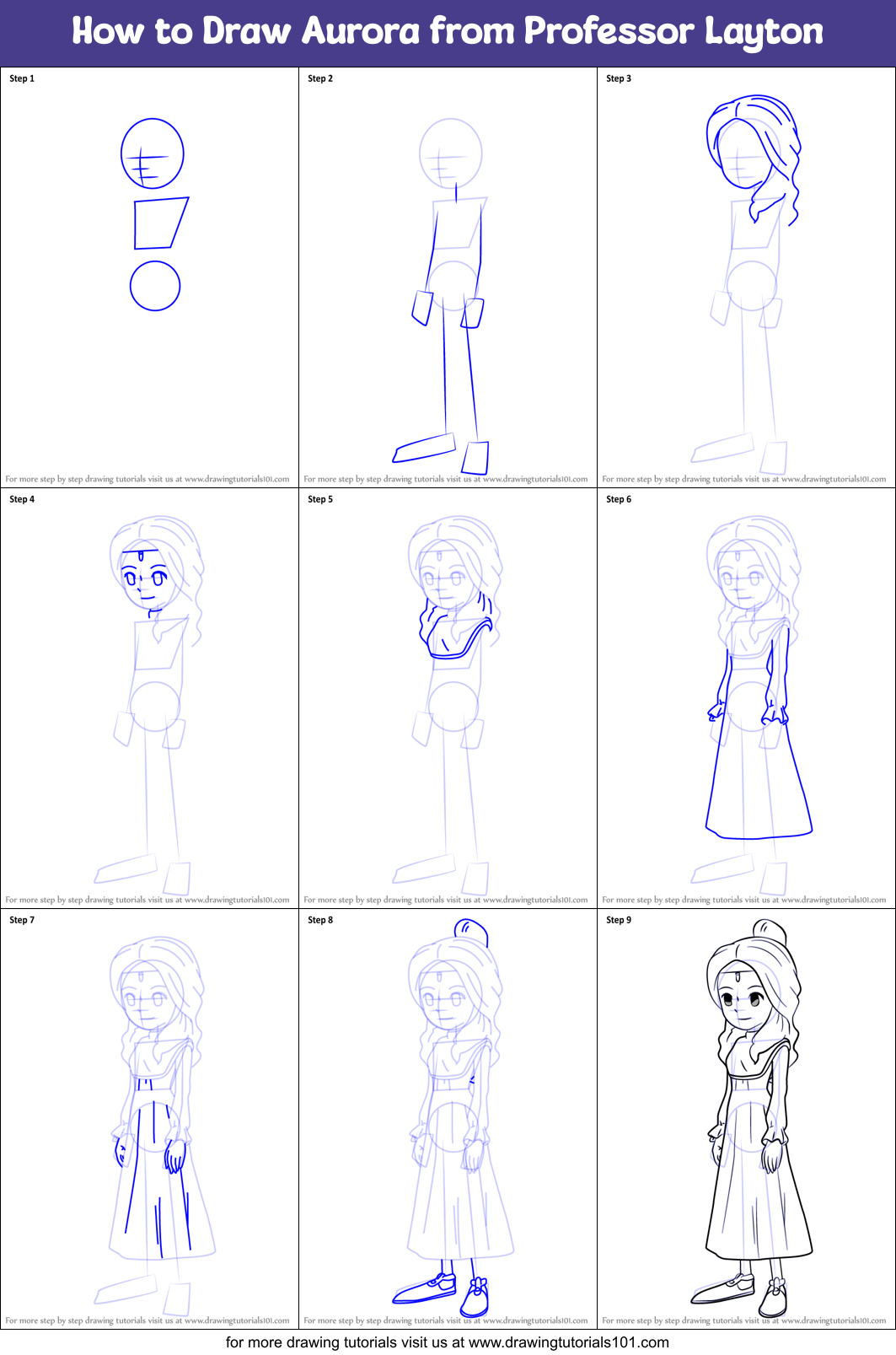 How to Draw Aurora from Professor Layton Printable Step by Step