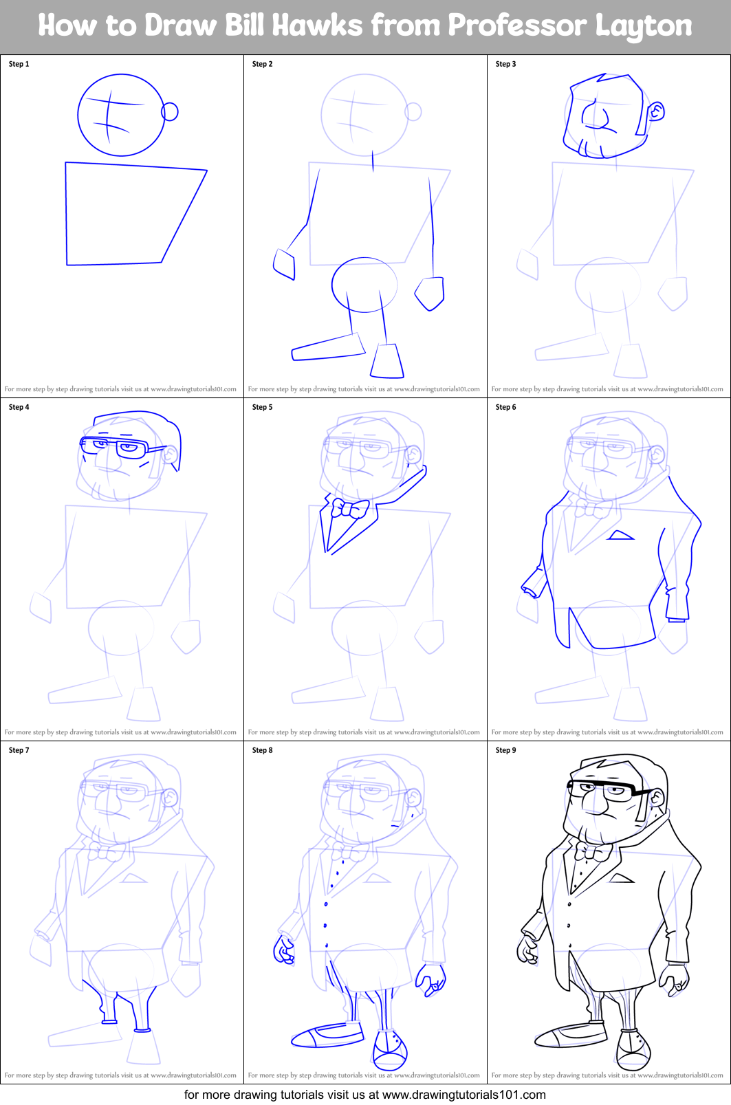 How to Draw Bill Hawks from Professor Layton Printable Step by Step