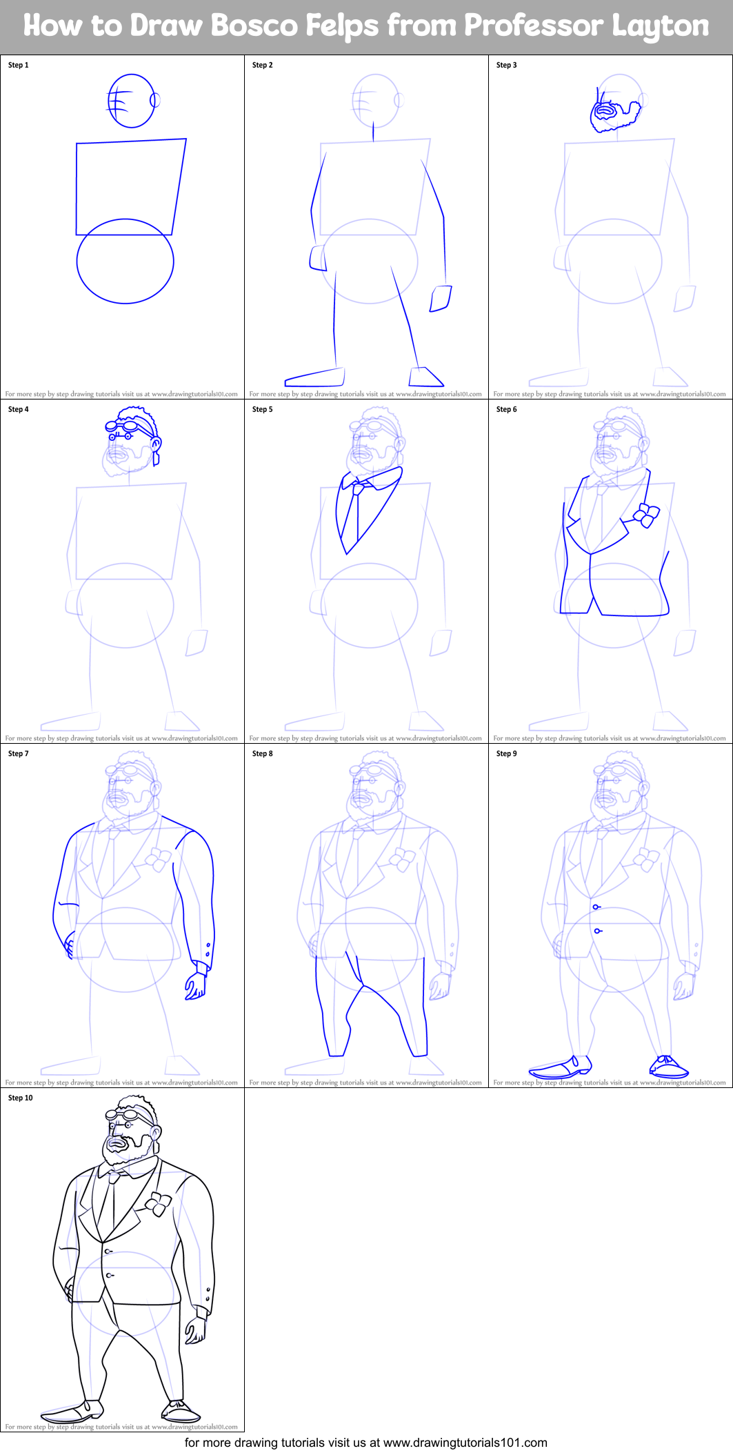 How to Draw Bosco Felps from Professor Layton Printable Step by Step