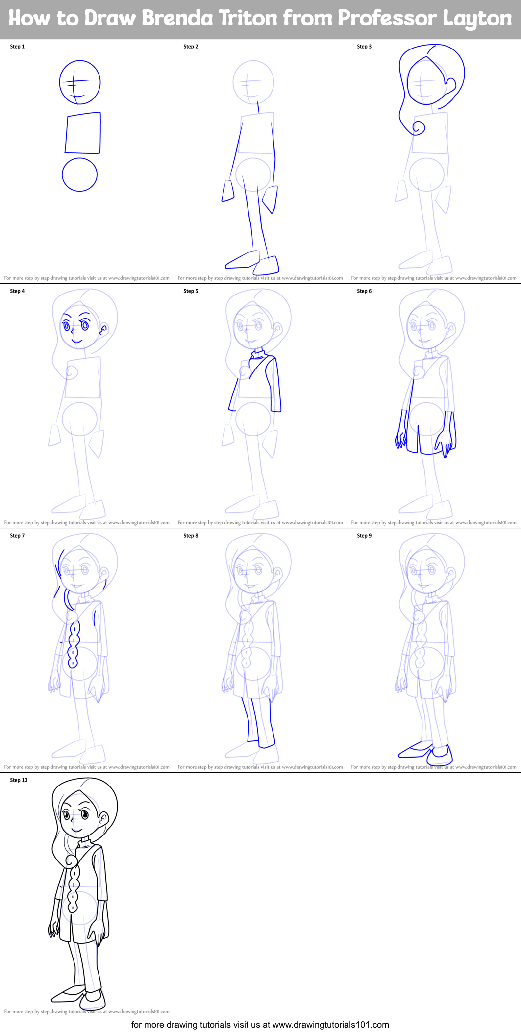 How to Draw Brenda Triton from Professor Layton Printable Step by Step