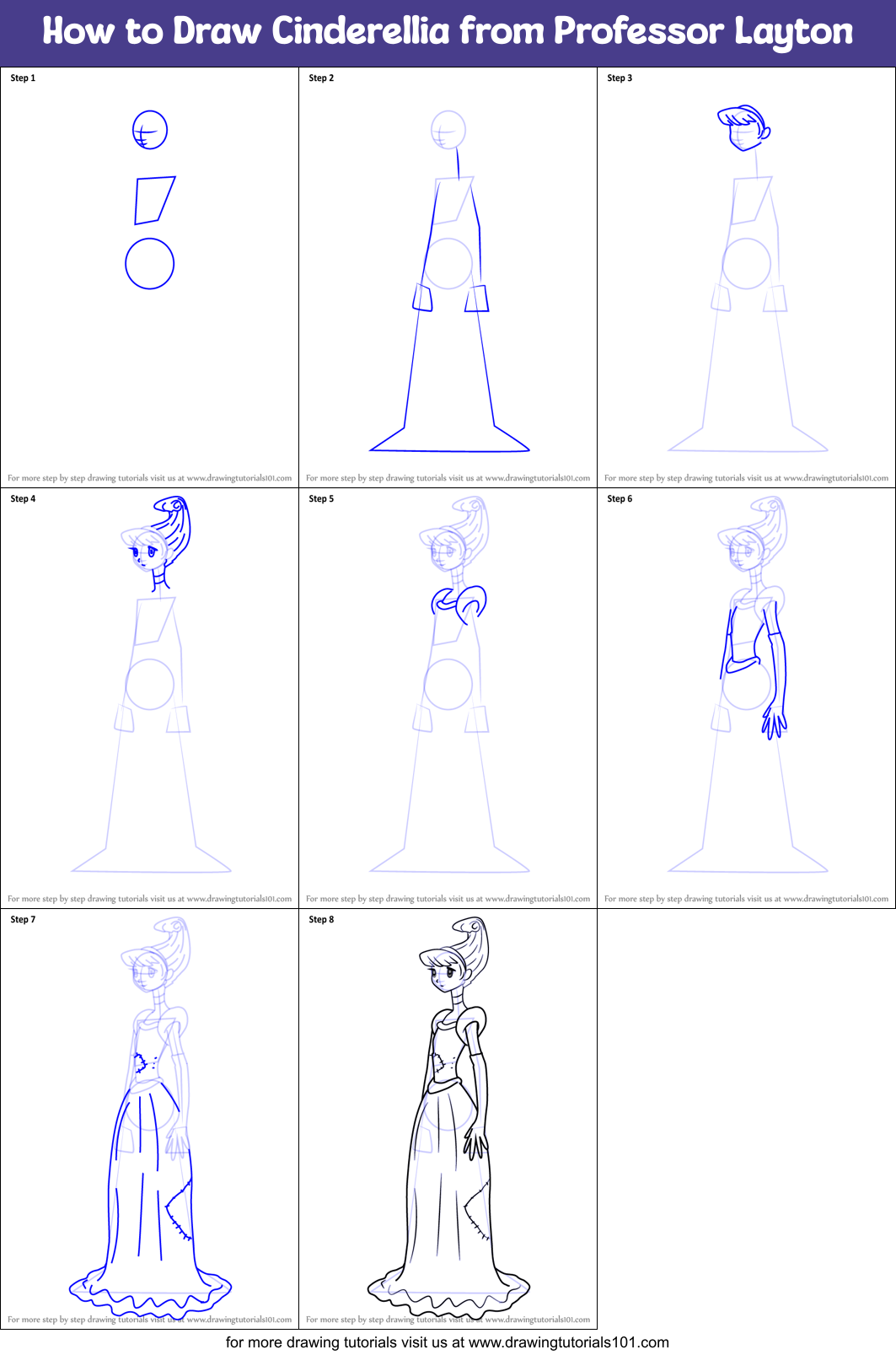 How to Draw Cinderellia from Professor Layton Printable Step by Step