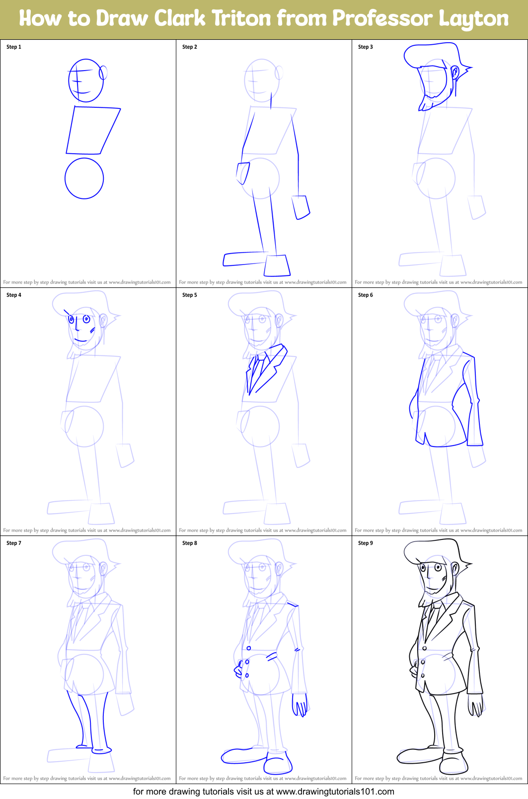 How to Draw Clark Triton from Professor Layton Printable Step by Step
